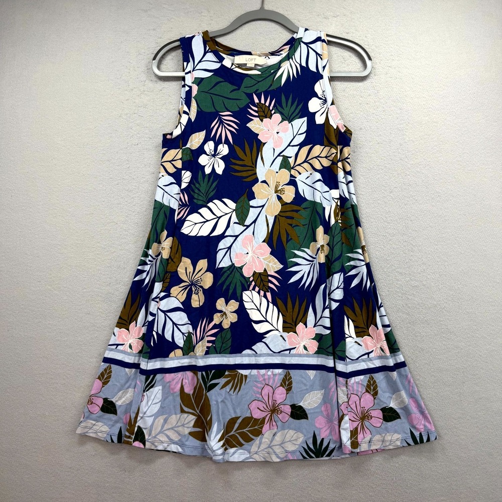 LOFT Knit Hawaiian Mini Tank Dress Women XS Blue Green Tropical Beach Coastal